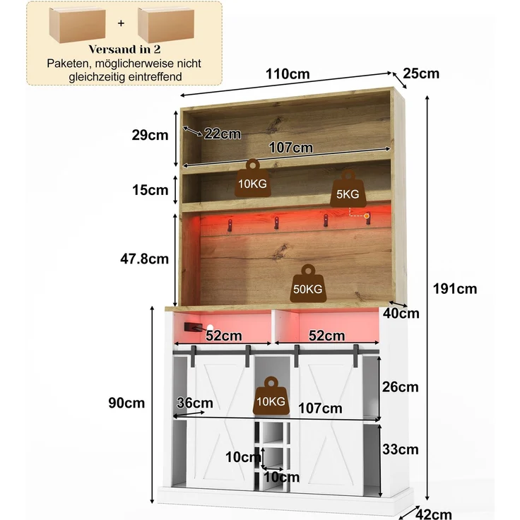191 cm Küchenschrank, Hochschrank mit LED, Küchenregal mit Steckdose, Haken, Weinregal und Vitrine für Küche & Esszimmer--Natur + Weiß--110x40x191cm--YOUDENOVA – Bild 5