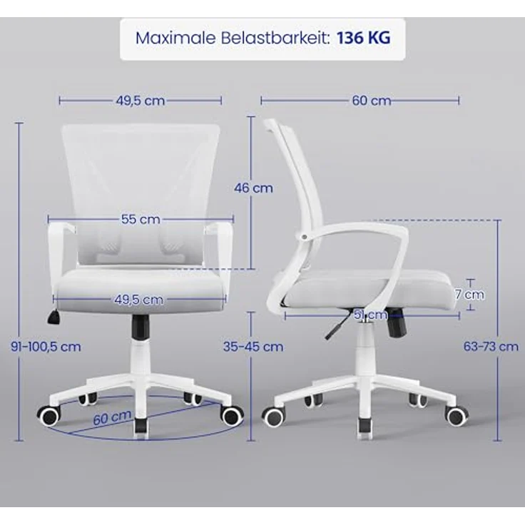 Yaheetech Bürostuhl Ergonomisch, Schreibtischstuhl mit Netzbespannung, Arbeitsstuhl mit Armlehnen, Chefsessel aus Mesh, höhenverstellbarer Computerstuhl 136 kg, atmungsaktiv, Wippfunktion Hellgrau – Bild 3