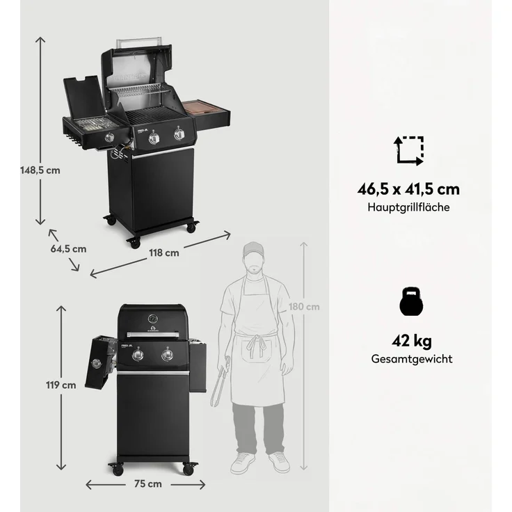 BURNHARD® Gasgrill 2-Brenner, 2x Edelstahl-Stabbrenner, 3,75 kW, Infrarot-Keramikbrenner, Seitentisch, Gussrost, Piezo-Zündung, kompakt, für 5 Personen – FRED Jr. Deluxe - Schwarz - #947122 – Bild 3
