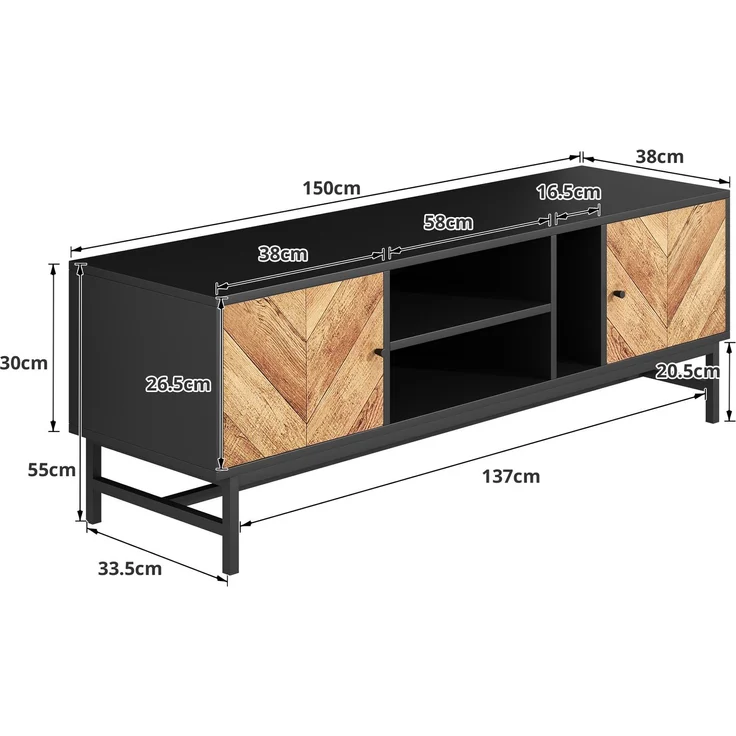 TV Schrank Schwarz Holzoptik 150x38 cm mit 2 Türen und offenen Fächern Metallbeine Sideboard Medienregal für Wohnzimmer – Bild 10