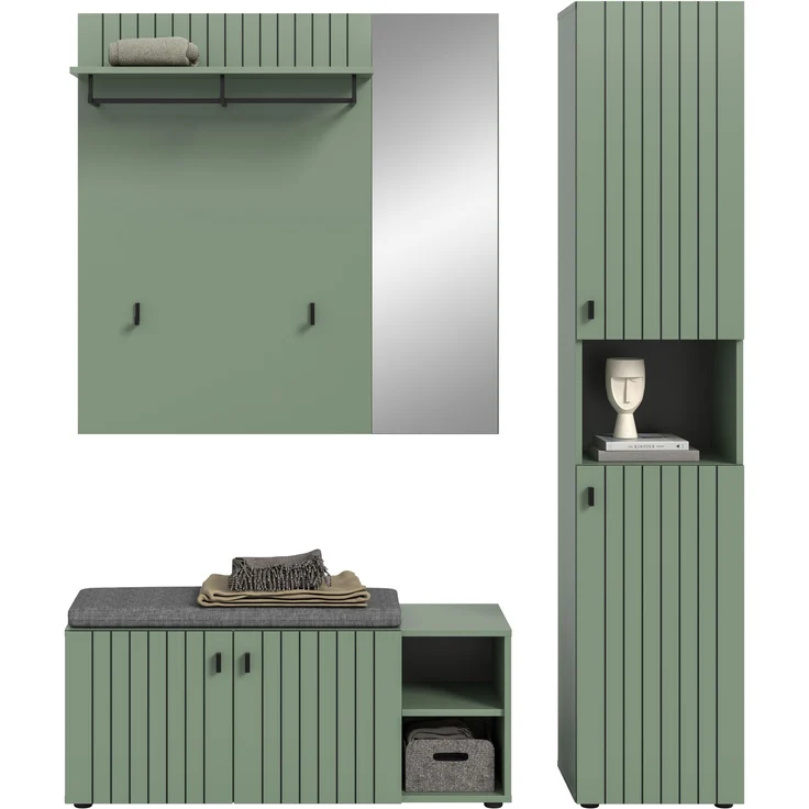 Garderobenkombination inkl. Sitzkissen (B/H/T: 161x192x37 cm) in Smoke Green Nachbildung – Bild 2