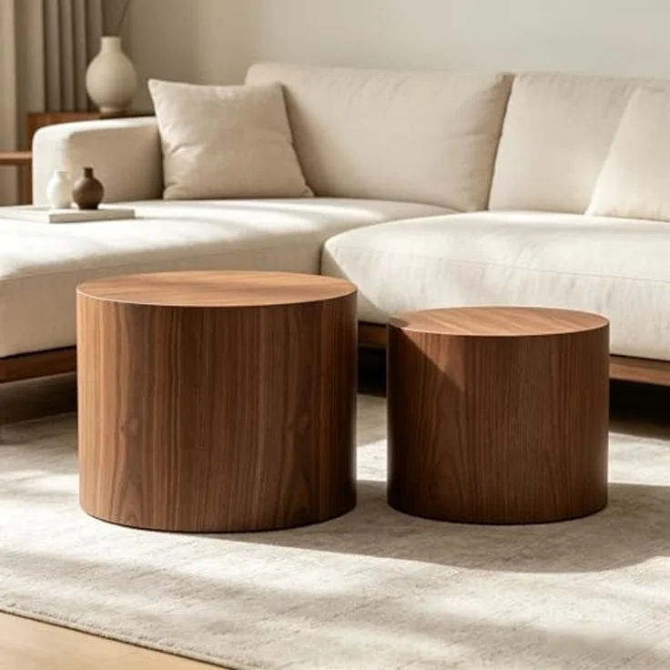 Set of 2 Nesting Round End Tables, Modern Walnut Veneer Cylinder Side Tables, Stackable Accent Coffee Tables for Living Room, Bedroom, Small Space – Bild 5