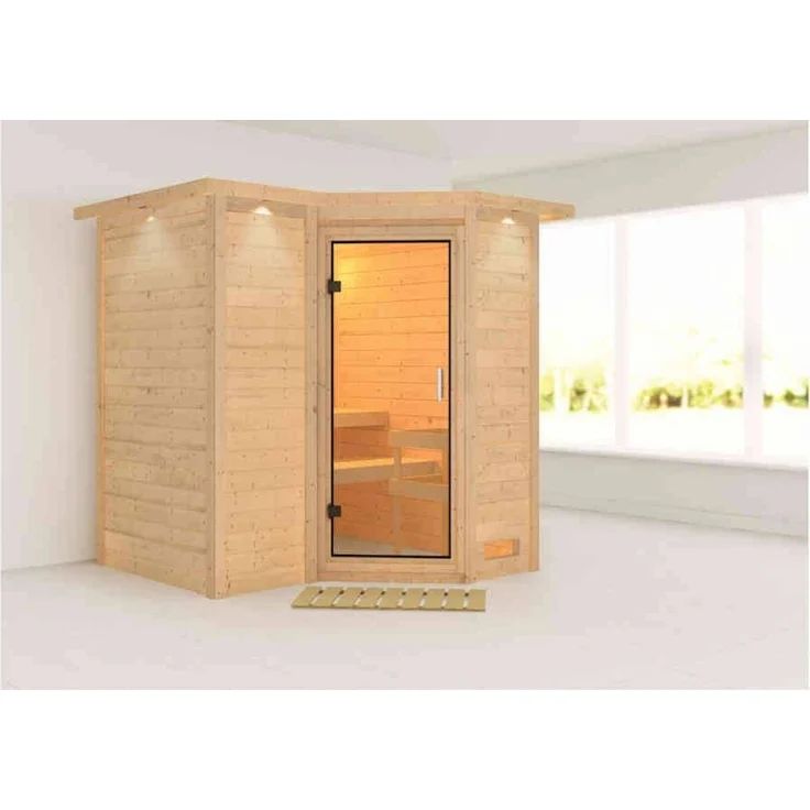 Karibu Sauna Sahib 1 mit Dachkranz ohne Ofen Graphit-Ganzglastür – Bild 6