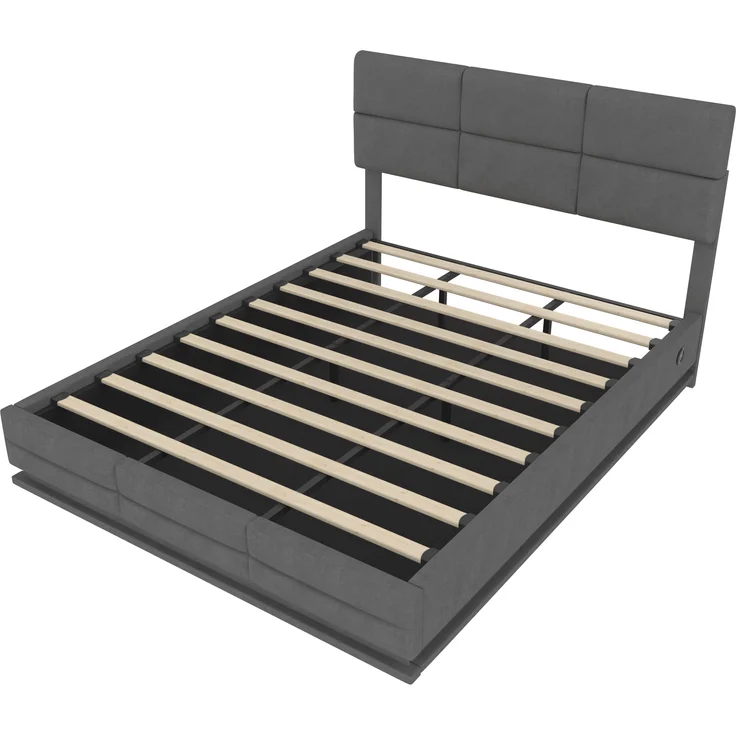 LVHOM Polsterbett 180x200cm mit LED und USB, Einzelbett mit Hydrauliksystem, Stauraumbett Samtstoff, Bettgestell Massiv, Boxspringbett, Grau – Bild 1