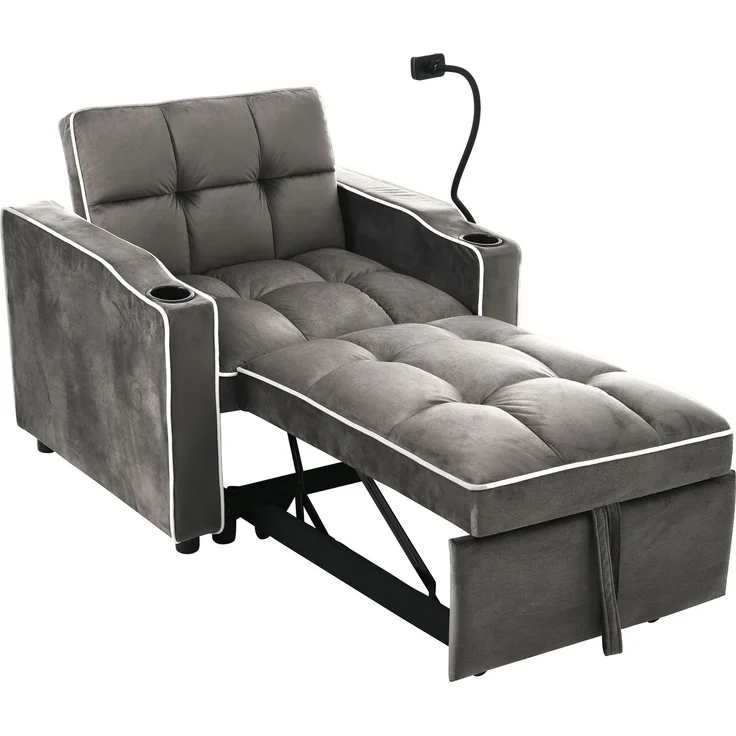Schlafsofa mit Getränkehalter und Handyhalterung,Verstellbarer Sessel, Sofa-Liegestuhl und Gästebett in einem, Samtbezug Dunkelgrau – Bild 8