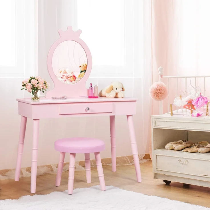 COSTWAY Kinder Schminktisch mit Hocker und abnehmbarem Spiegel, Holz pink, 34 x 70 x 100 cm – Bild 8