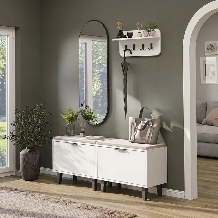 Roomart NORD Garderobenset 4-teilig – 2 Sitzbänke mit Schuhklappe, Wandgarderobe & ovaler Spiegel – Flurgarderobe – H 53 x B 73.6 x T 35 cm (Sitzbank) • Weiß