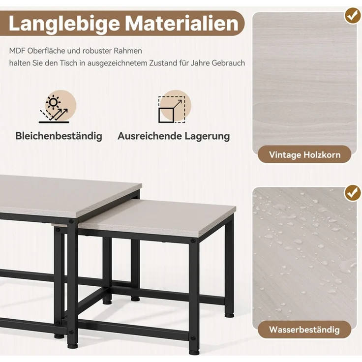 Hawthyhome 2er-Set Quadratischer Couchtisch Beistelltisch aus Holz mit Metallgestell, stapelbar & separat nutzbar, hochdichte MDF-Arbeitsplatte, moderne Industrie, wasserdicht & pflegeleicht, einfache Montage, für Wohnzimmer & Schlafzimmer, Weiß – Bild 3