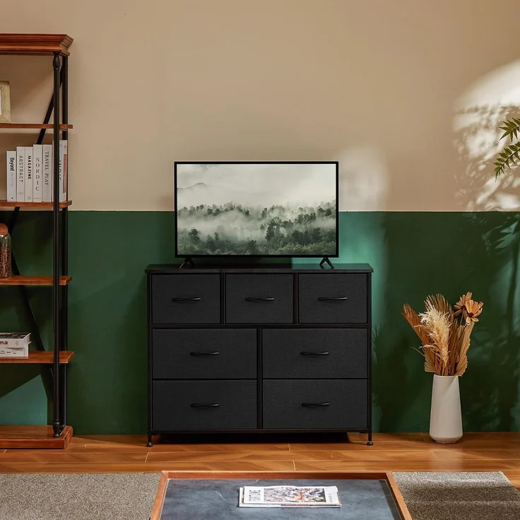 DUMOS Kommode für Schlafzimmer mit 7 Stoffschubladen, hohe Kommode Organizer für Kleidung, Schrank Kinderzimmer, Aufbewahrungsturm mit Schrank, Metallrahmen, Holzplatte, leichte Kinderzimmermöbel – Bild 7
