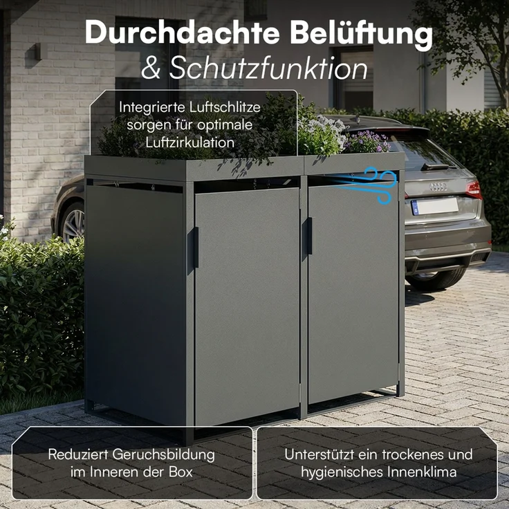 STEELSØN 'Thoria' Mülltonnenbox 2er je 240 Liter, anthrazit, Mülltonnenverkleidung aus Stahl, wetterfest, 125x80x134 cm, Müllbox mit Pflanzendach für 2 Tonnen – Bild 6