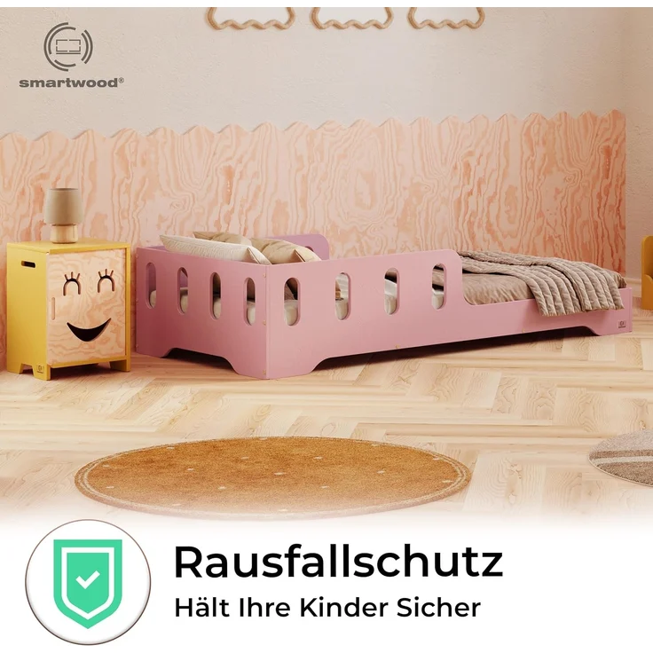 smartwood Kinderbett 120x200 cm in Rosa - Montessori Bodenbett mit Rausfallschutz & Lattenrost - Aus handbemaltem Sperrholz - Sicher für Jungen und Mädchen - Einfache Montage - TILA 6 – Bild 6