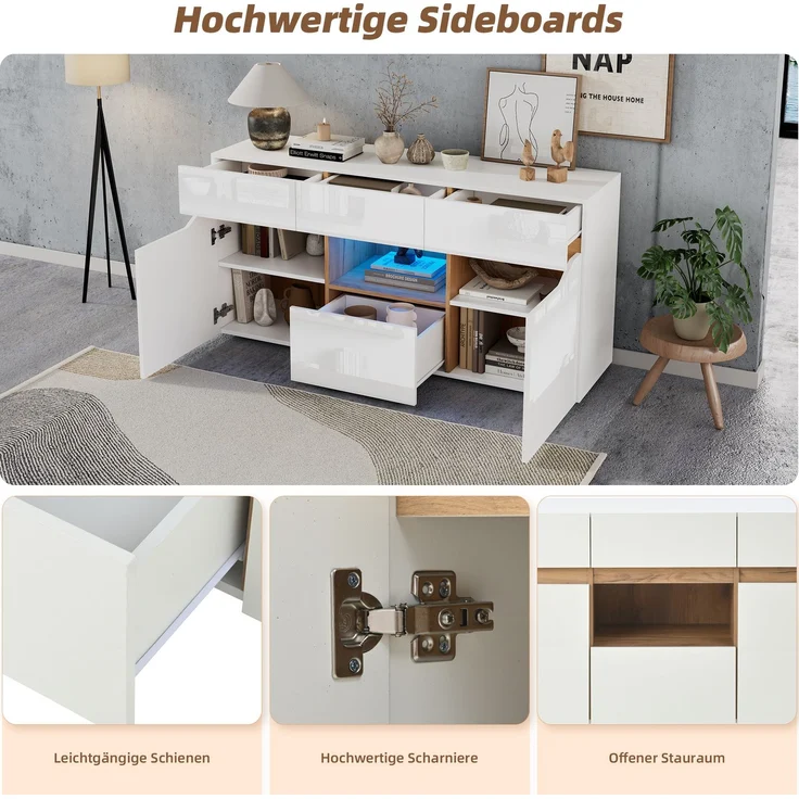 DESVIAE Sideboard mit LED-Beleuchtung und 4 Schubladen 140x70x40 cm Spanplatte Weiß/Naturholz – Bild 4