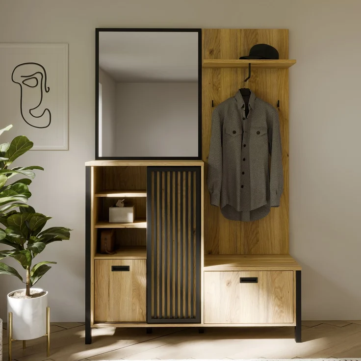 Forte JYTANA Garderobe 130, skandinavische Garderobe mit Spiegel, Kleiderstange und Aufbewahrung, Holzwerkstoff, Mauvella Eiche Holzdekor / Schwarz, 132 cm breit x 200,3 cm hoch x 40,2 cm tief – Bild 10