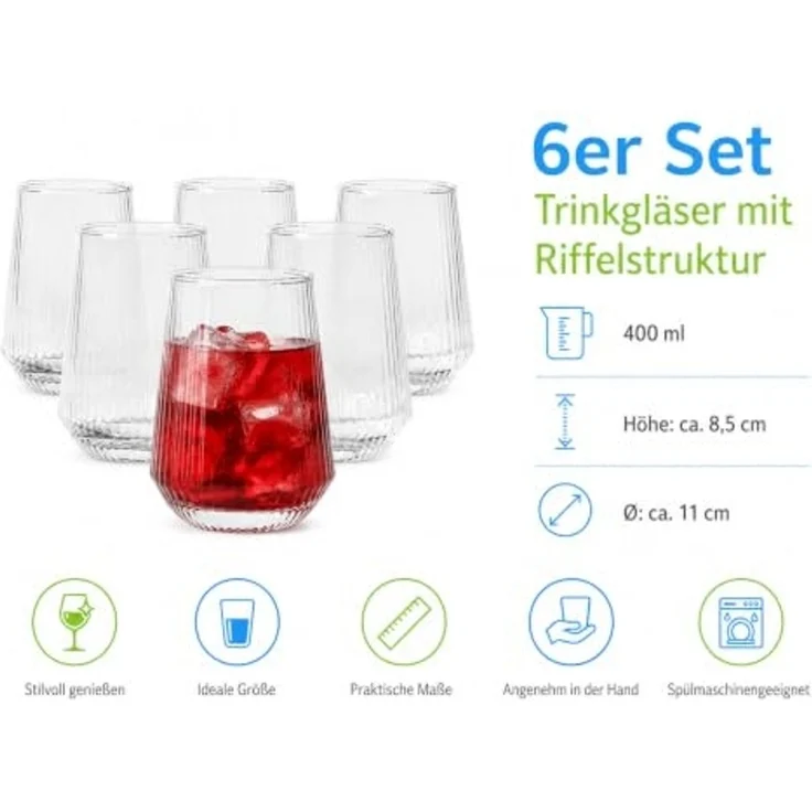Sendez Trinkgläser 6er Set 400 ml geriffelt Glas moderne Wassergläser Saftgläser für Wasser Saft Cocktails stilvolle Gläser hochwertig spülmaschinengeeignet – Bild 5