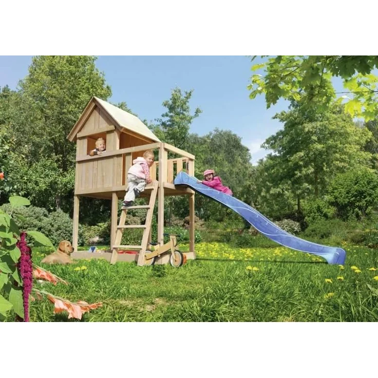 Karibu Kinderspielhaus Frieda Set Aktion2 naturbelassen mit Anbau und Rutsche blau – Bild 1