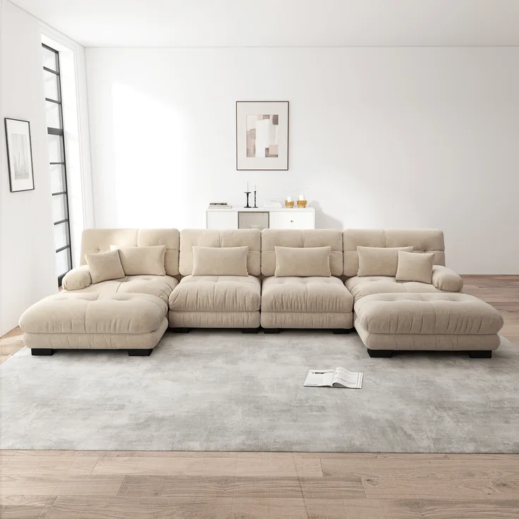 Ecksofa, Modulares U-förmiges Couch Set für Wohnzimmer 4-Sitzer komfortable Cloud Couches mit beweglichem Ottoman DIY-Kombination, Chenille, Hellbraun