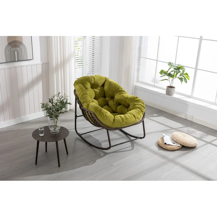 Gepolsterter Schaukelstuhl aus Rattan für den Außenbereich, ideal für Veranda, Wohnzimmer, Terrasse und Garten, Olivgrün, 93 x 73 x 23 cm, YOUDENOVA – Bild 7