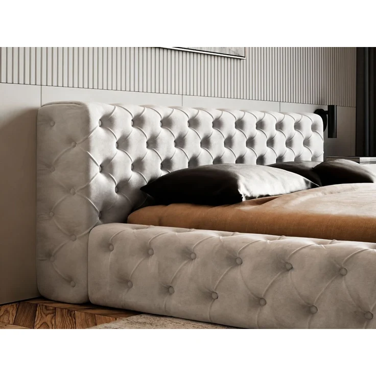GRAINGOLD Palini Polsterbett 180x200, mit gepolstertes Kopfteil, gestepptes Bett, Bettkasten, Velour-Stoff, Hellgrau – Bild 6