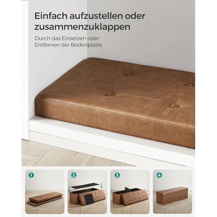 Songmics 110 cm Sitzbank mit Stauraum, Sitztruhe, Aufbewahrungsbox, Fußhocker, faltbar, gepolstert, Bezug aus PU, bis 300 kg belastbar, kaffeebraun LSF070K01V1 – Bild 8