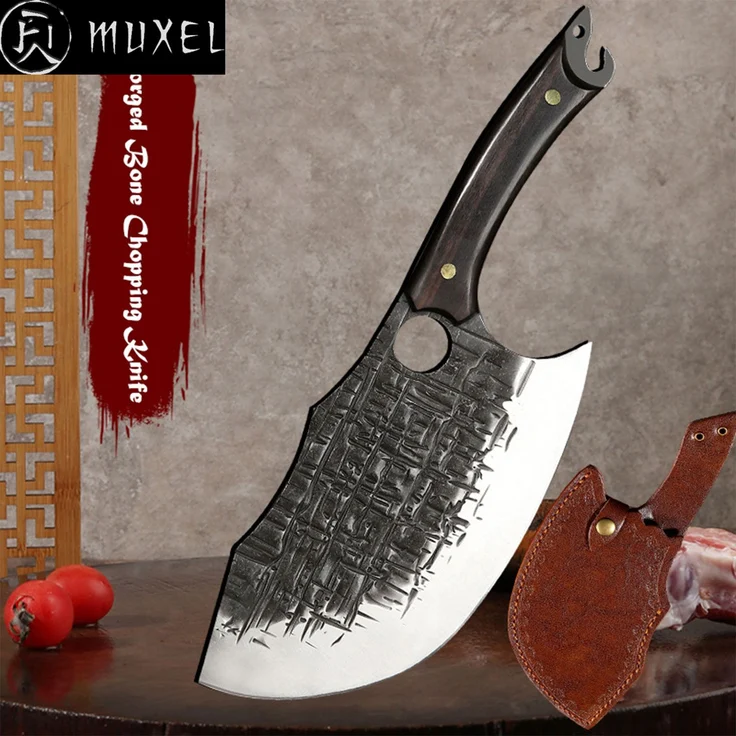 Metzgermesser Hackmesser Fleischerbeil schwer mit gebogener extradicken Klinge mit Lederscheide. Ideal für Deine Outdoor Abenteuer – Bild 4