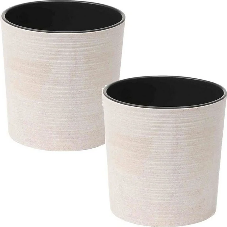 Pflanzgefäß LOCON 2er-Set weiß Ø 25 × H 25,5 cm – Kunststoffgefäße in Rillenoptik mit Holzfaseranteil und schwarzem Einsatz für Garten Balkon und Wohnraum – Bild 2