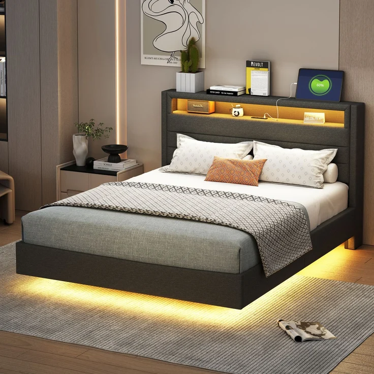 Polsterbett 140x200 cm mit USB-Steckdose und LED-Licht, wendbares Kopfteil, verdecktes Fußteil, Doppelflachbett, Jugendbett, Erwachsenenbett, Leinenstoff grau – Bild 5