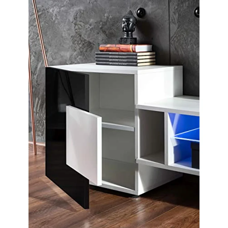 Komodee Lowboard Merano, Schwarz/Schwarz, Eiche Wotan, 4 Fächer, 230x52.5x35 cm, für Wohnzimmer und Wohnwände – Bild 4