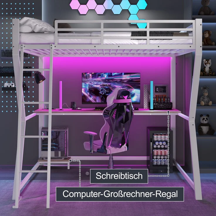 Hochbett, 140*200cm , Mit LED-Leuchten, Computerkonsolenablage, Schreibtisch, Steckdose+USB, Geländer, Treppe, ohne Matratze, Weiß – Bild 7