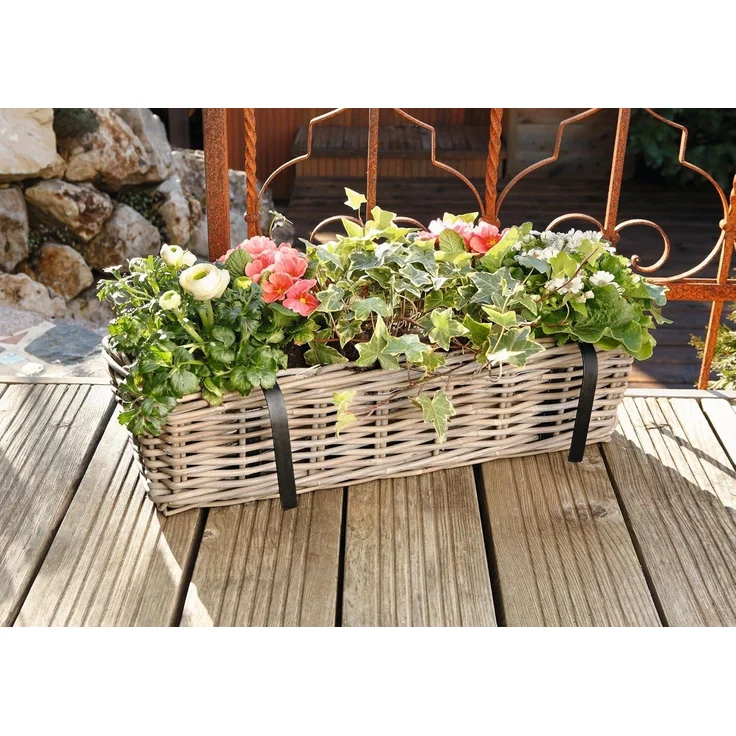 Rattan Pflanzkasten "Koboo Grey" groß, grau, Balkonkasten mit Halterung, Blumenkasten für Draußen, Pflanzgefäß – Bild 2