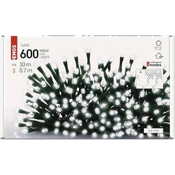 EMOS LED-Eisregen Lichterkette, 10m Weihnachtslichterkette + 5m Zuleitung, 600 LEDs, 8 Lichtmodi, Netzteil mit Timer 6h/18h, IP44 für Innen und Außen, Kaltweiß – Bild 7
