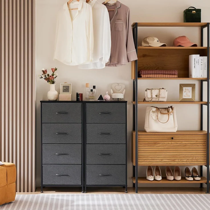 Sweetcrispy Kommode mit 4 Schubladen, Stoff Schubladenschrank, Schmal Schrank, Kommode Schlafzimmer, Industrial Stil für Wohnzimmer, Kinderzimmer, Flur Aufbewahrungsschrank, Hellgrau – Bild 8
