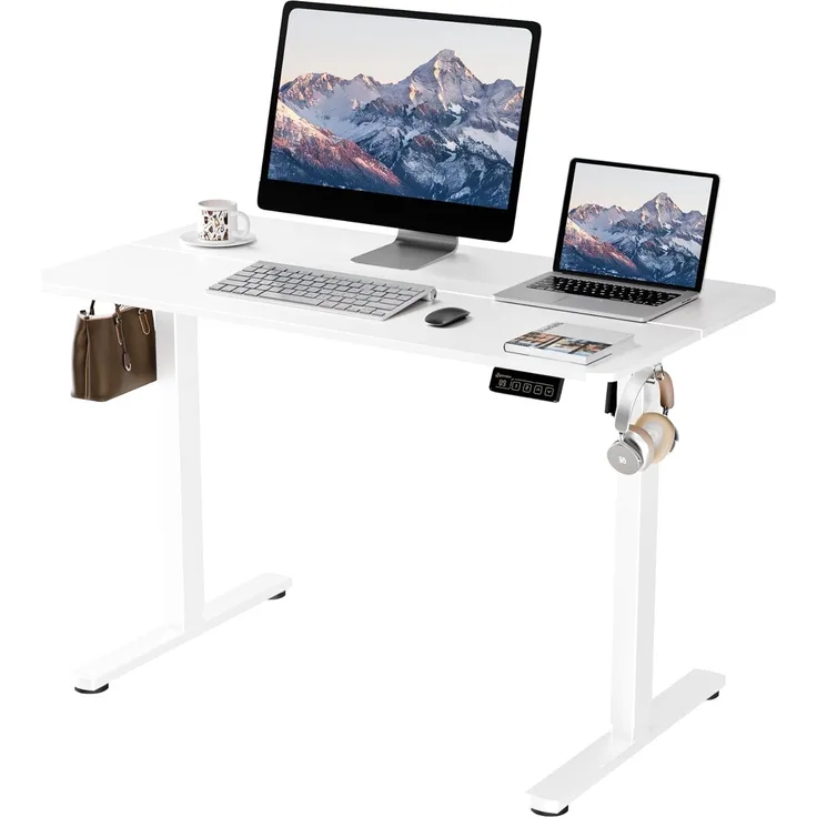 ERGOMAKER Elektrischer Höhenverstellbarer Schreibtisch 110x60 cm (43. 3"x23. 6"), Höhenverstellbarer Tisch mit Spleißplatte (Weißes Gestell + Weiße Tischplatte)