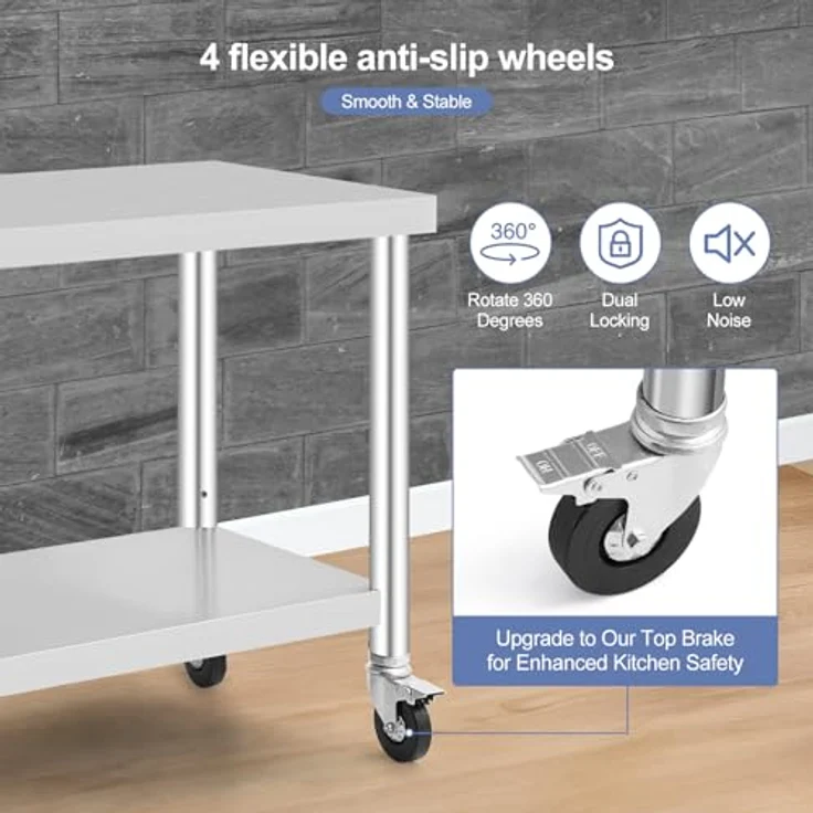 GarveeHome Arbeitstisch aus Edelstahl für Lebensmittelzubereitung, höhenverstellbar mit 3 Stufen, 4 Lenkrollen (2 gebremst), Maße 91x60 cm, ideal für gewerbliche Küchen, Restaurants & Catering – Bild 6
