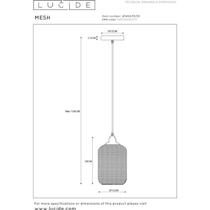 LUCIDE MESH, Pendelleuchte Ø 15 cm, verstellbar, 1xE27, Schwarz, geeignet für LED-Lichtquelle – Bild 5