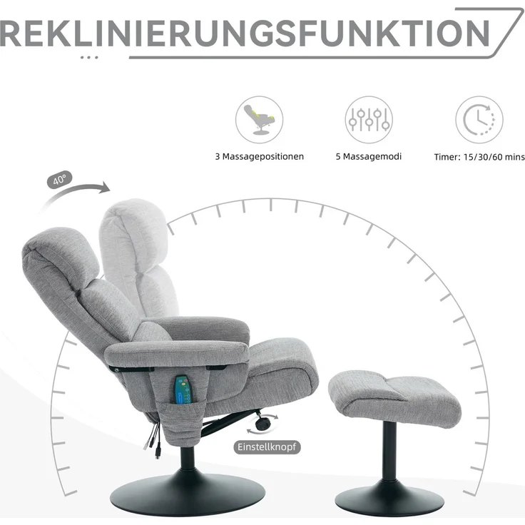 DESVIAE Sessel mit 5-Punkt-Massage und Heizfunktion 75,5x100x77 cm Chenille Grau – Bild 8