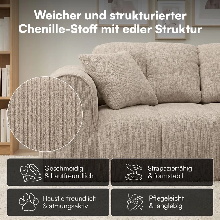 skølm 'Vanaheim' Sofa 2 Sitzer mit 2 Kissen, Cloud Sofa beige, Chenille-Stoff, Vollschaumcouch mit Federkern und Vakuum-Kompression, kein Aufbau erforderlich – Bild 6
