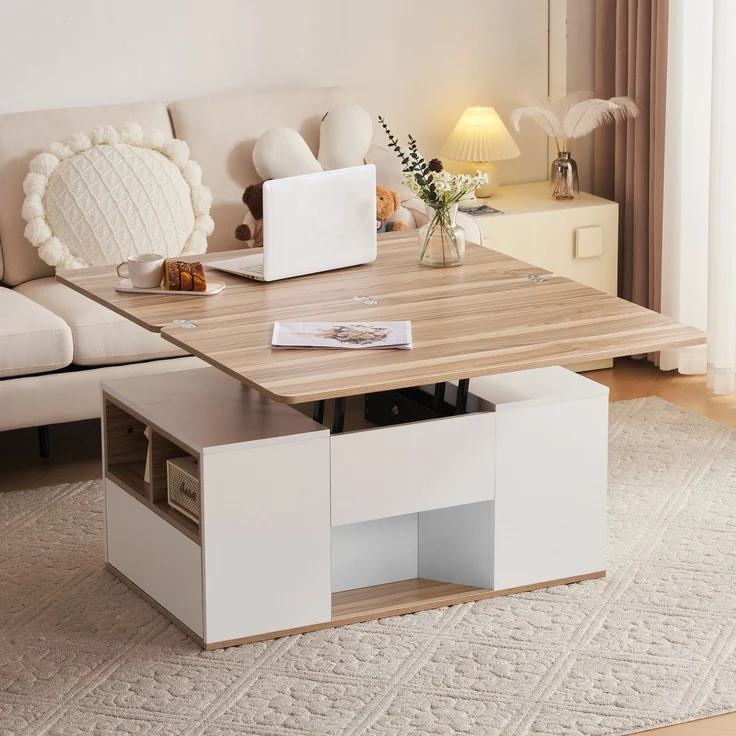 Höhenverstellbarer Couchtisch, Weiß & Holz, 100x51x47 cm, mit 2 Schubladen – Bild 1