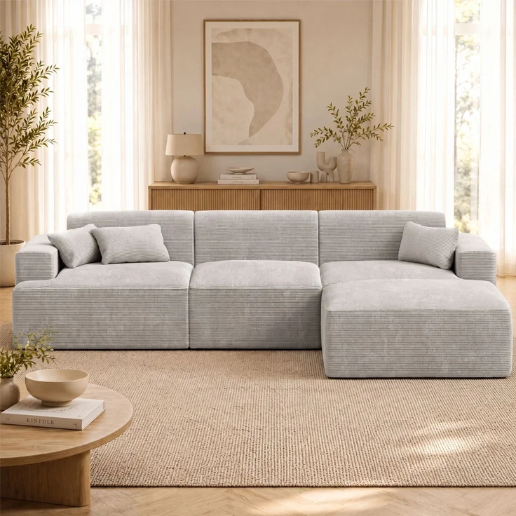 skølm 'Freki' Cloud Sofa 4 Sitzer mit Hocker, Vollschaumcouch mit Federkern und Vakuum-Kompression, kein Aufbau erforderlich, mit 3 Kissen, Cord grau – Bild 1