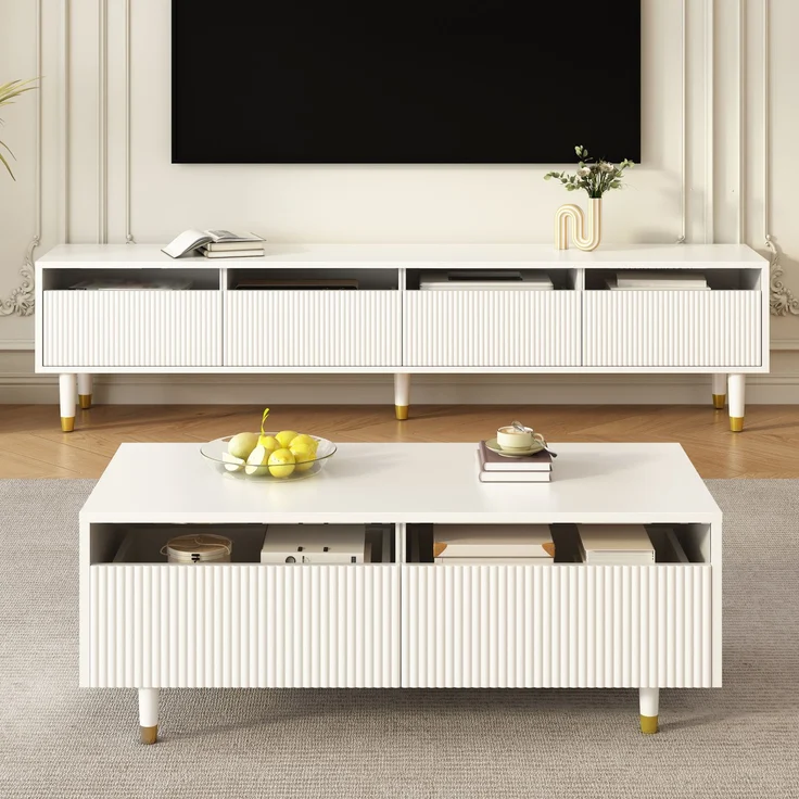 JARDJ Modernes LED-Möbelset: Viertüriger TV-Ständer und Couchtisch mit zwei Schubladen – Weiß mit Gold-Design, LED-Beleuchtung, Wellenstruktur und Acrylfronten für einen stilvollen Wohnstil – Bild 4