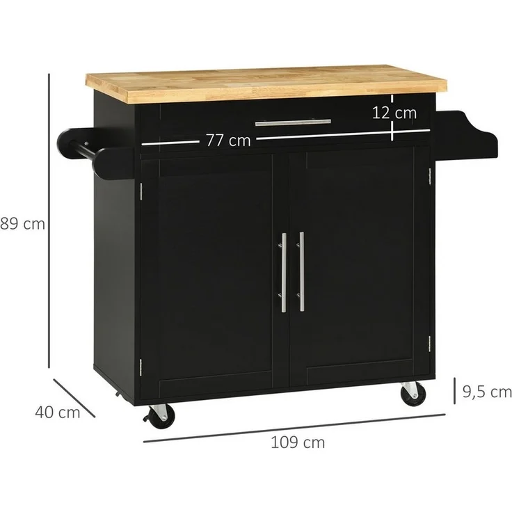 HOMCOM Servierwagen Küchenwagen mit Gewürzregal, Handtuchhalter, Arbeitsplatte, (Rollwagen, 1 St, Küchentrolley), für Wohnzimmer Esszimmer Schwarz 109 x 40 x 89 cm – Bild 2
