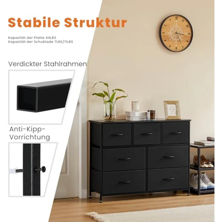 Sweetcrispy Kommode für Schlafzimmer, breite Schublade Kommode, 7 Stoffschubladen mit Griffen, Schrank, TV Stand für Schlafzimmer, Schrank, Wohnzimmer, Kinderzimmer – Bild 8