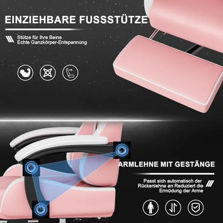 JUMMICO Gaming Stuhl, Bürostuhl Ergonomisch Mit Massagefunktion, Gamer Stuhl verstellbare Rückenlehne 90-135°,und fußstütze, Gamingstuhl 150 kg belastbarkeit, rosa – Bild 7