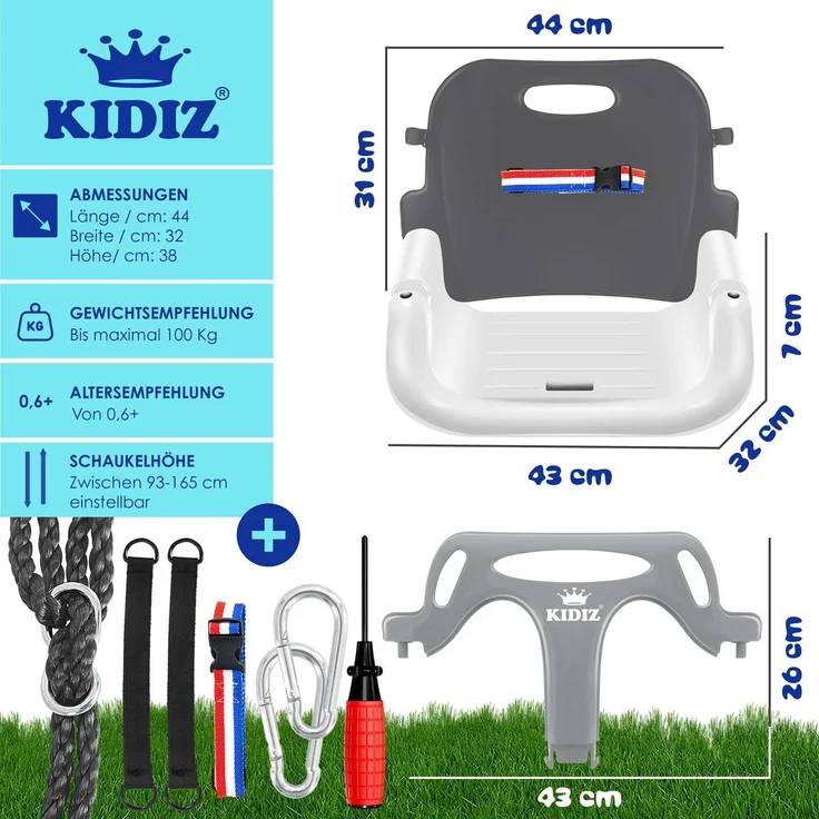 KIDIZ® Babyschaukel, Mitwachsend, mit Rückenlehne und Anschnallgurt, belastbar bis 100kg, Kunststoff Anthrazit, 33 x 24,3 x 35 cm – Bild 7