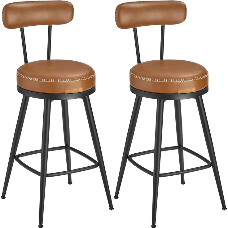 VASAGLE EKHO Kollektion - 360° drehbarer Barhocker, 2er Set, Hocker mit Rückenlehne für Kücheninsel, Kunstleder mit Nähten, Mid-Century-Modern-Stil, 65 cm hoch, Küche, Hausbar, karamellbraun