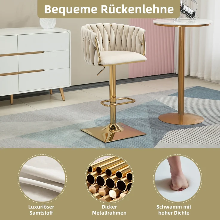 LVHOM Barhocker 2er Set, 360° drehbare moderne Samt-Barstühle, drehbare Küchenhocker, goldene Stuhlbeine – Bild 5