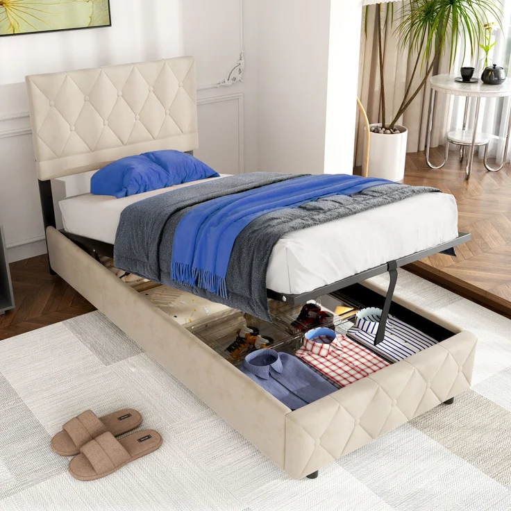 Polsterbett aus Kunstleder mit Aufbewahrungsbox & Lattenrost, ohne Matratze, 90x200 cm, Beige – Bild 2