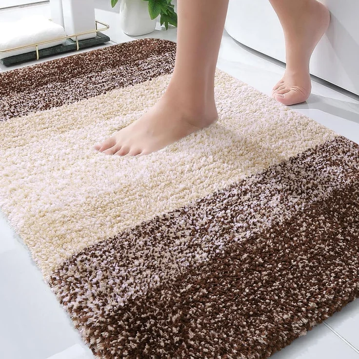 Olanly Luxuriöser Badezimmerteppich, extra weiche und saugfähige Mikrofaser-Badvorleger, Rutschfester Plüsch, zotteliger Badteppich, maschinenwaschbar, 61x91 cm, braun