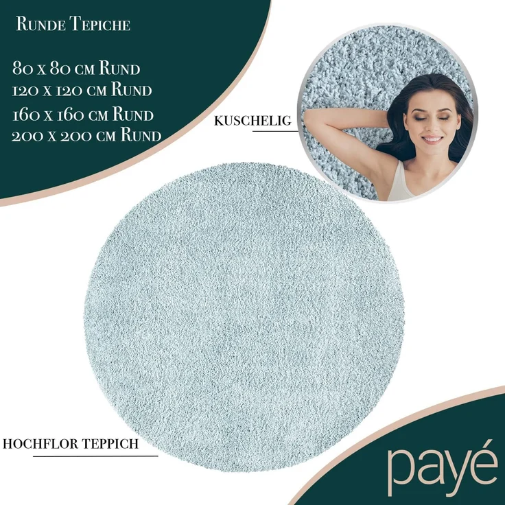 Teppich Rund Hochflor Shaggy - 160x160cm - Türkis Einfarbig Uni Flauschig Modern Boho Wohnzimmer Schlafzimmer Deko Teppiche Weich Schlafzimmer – Bild 3