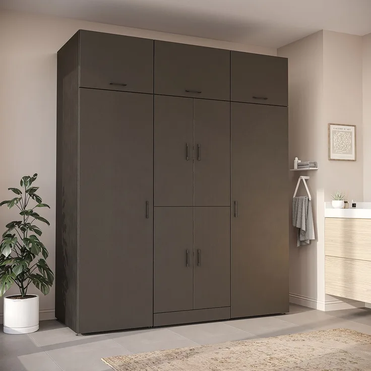Roomart Waschmaschinenschrank - DORA-I- 190 cm breit - Wasch- & Trocknerschrank mit 2 Hochschränken, Türen & Ausziehbrett, Waschmaschinen-Überbau für Waschküche & Hauswirtschaftsraum • Schwarz-Eiche