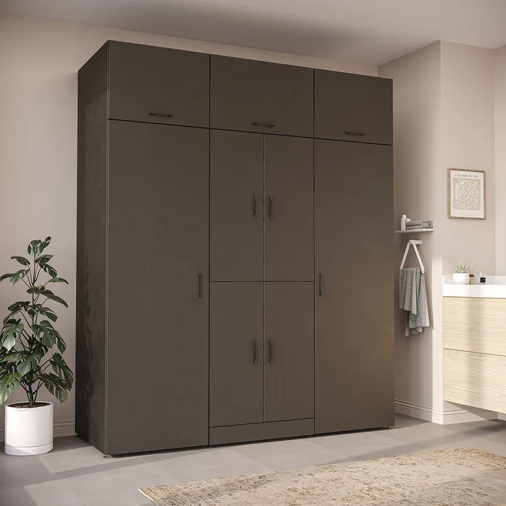 Roomart Waschmaschinenschrank - DORA-I- 190 cm breit - Wasch- & Trocknerschrank mit 2 Hochschränken, Türen & Ausziehbrett, Waschmaschinen-Überbau für Waschküche & Hauswirtschaftsraum • Schwarz-Eiche – Bild 1